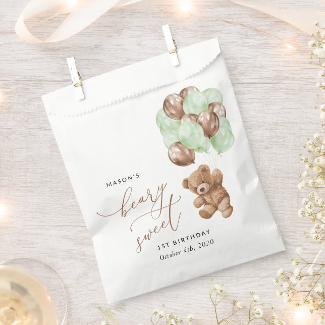 Sacolinha Teddy Bear, Balões Verdes, Primeiro Aniversário (Cortado)