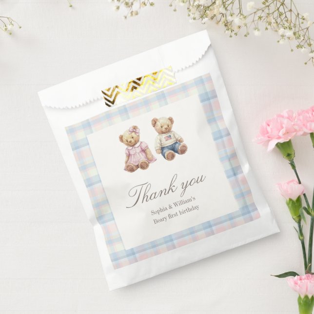 Sacolinha Teddy bear Twins Beary First Birthday Favor Bags (Selado)