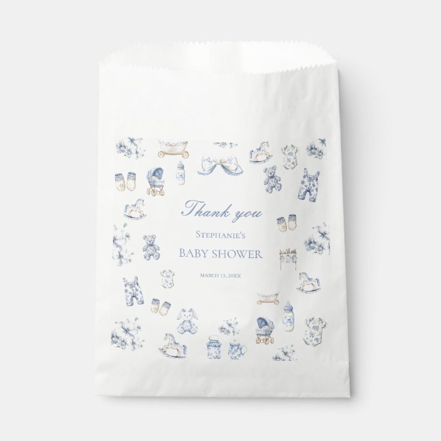Sacolinha Toile De Jouy Baby Shower Blue Bow Boy (Frente)