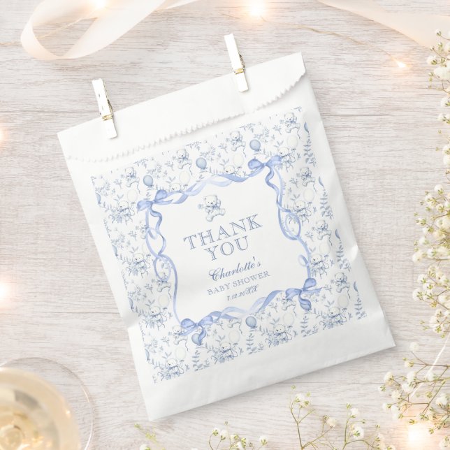 Sacolinha Toile De Jouy Teddy Bear Chá de fraldas Obrigado (Cortado)