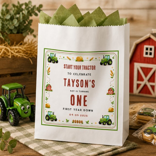 Sacolinha Trator Verde Rústico Primeiro Ano Tema Fazenda (Rustic Green Tractor First Year Down Farm Theme Favor Bag
)
