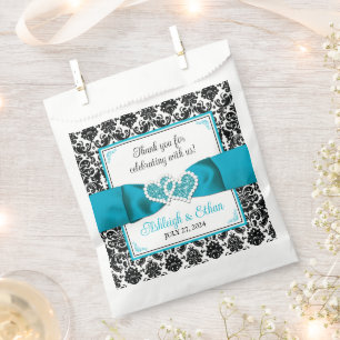 Sacolinha Turquesa, Black Damask Love Heart Casamento