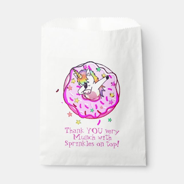 Sacolinha Unicórnio Arco-íris Dab Dança divertida Donut Rosa (Frente)