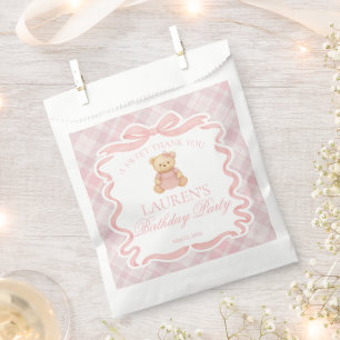Sacolinha Ursa Laço Coquete Rosa Torta de Aniversário Xadrez