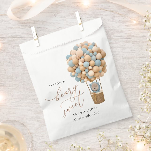 Sacolinha Urso Bastante, Balões Azuis, Primeiro Aniversário (Cortado)