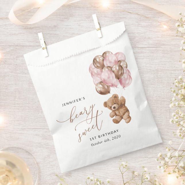 Sacolinha Urso de Teddy, Balões Rosa, Primeiro Aniversário (Cortado)