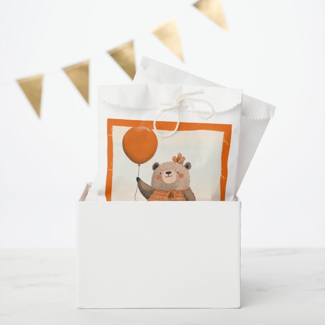 Sacolinha Urso de Vestido de Xadrez Laranja com Arco de cabe (Festa)