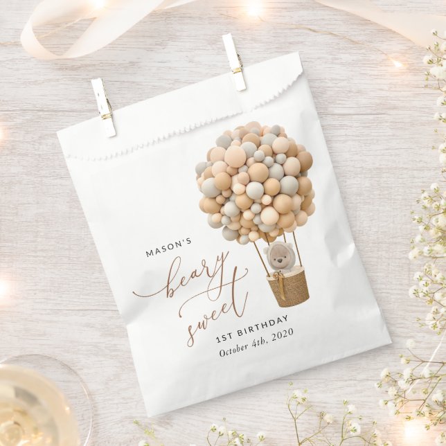 Sacolinha Urso Gelado, Balões de Beige, Primeiro Aniversário (Cortado)