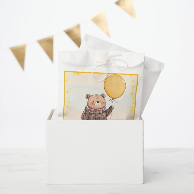 Sacolinha Urso no Suéter de Xadrez Marrom com Balão Amarelo (Festa)