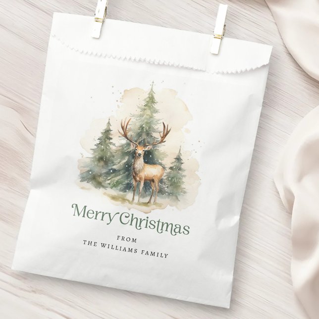 Sacolinha Veado e árvores de Natal Feliz Natal nome (Stag and Christmas trees Merry Christmas name Favor Bag)