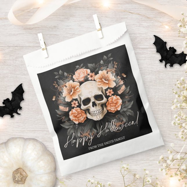 Sacolinha Vintage Personalizado - Halloween Floral Skull (Easily personalize these Halloween favor bags with just a few clicks.)