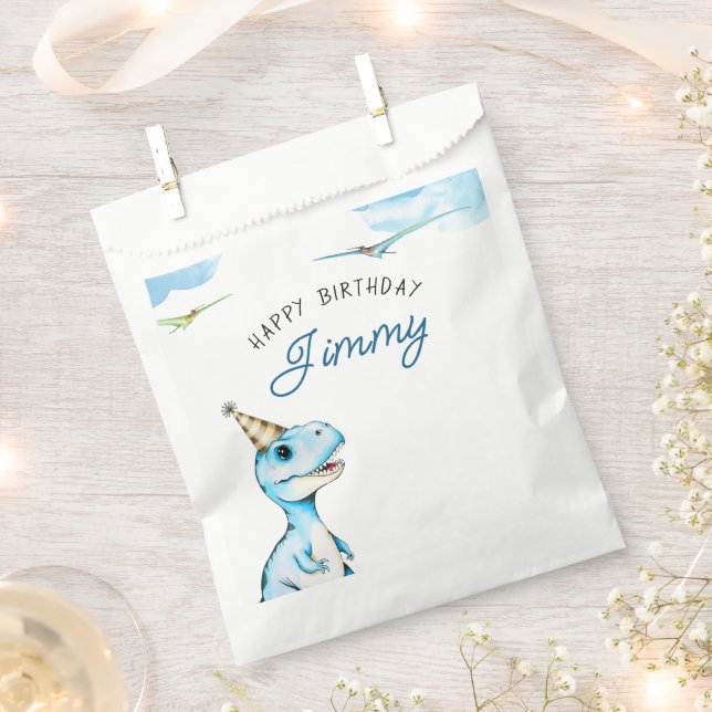 Sacolinha Watercolor Azul Três Dinossauro Rex Aniversário (Cortado)