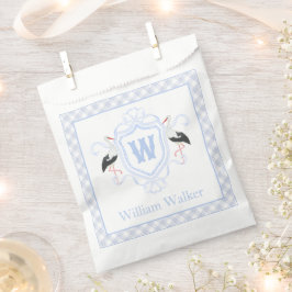 Sacolinha Watercolor Blue Stork Gingham Monogram Crest