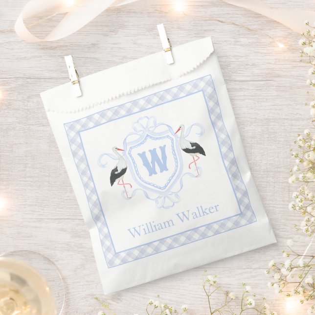Sacolinha Watercolor Blue Stork Gingham Monogram Crest (Cortado)