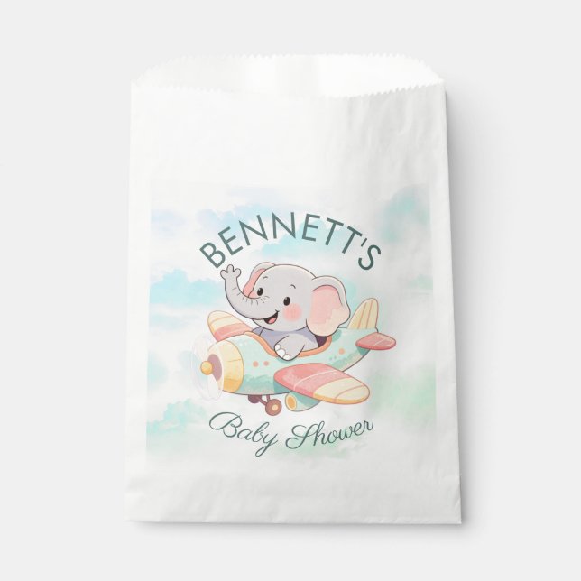 Sacolinha Watercolor Elephant Airplane Baby Shower Favor Bag (Frente)