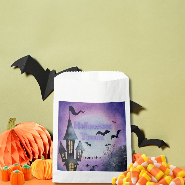 Sacolinha Watercolor Haunted House Halloween Treat (Batty Halloween favor bags)