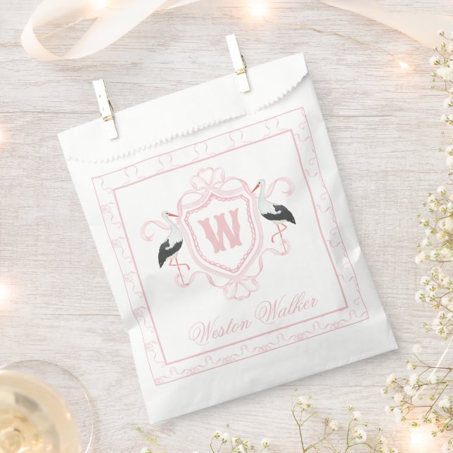 Sacolinha Watercolor Pink Stork Bow Monogram Crest (Cortado)