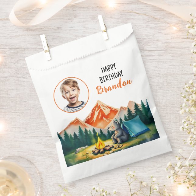 Sacolinha Watercolor White Camping Bear Kids Foto Aniversári (Cortado)