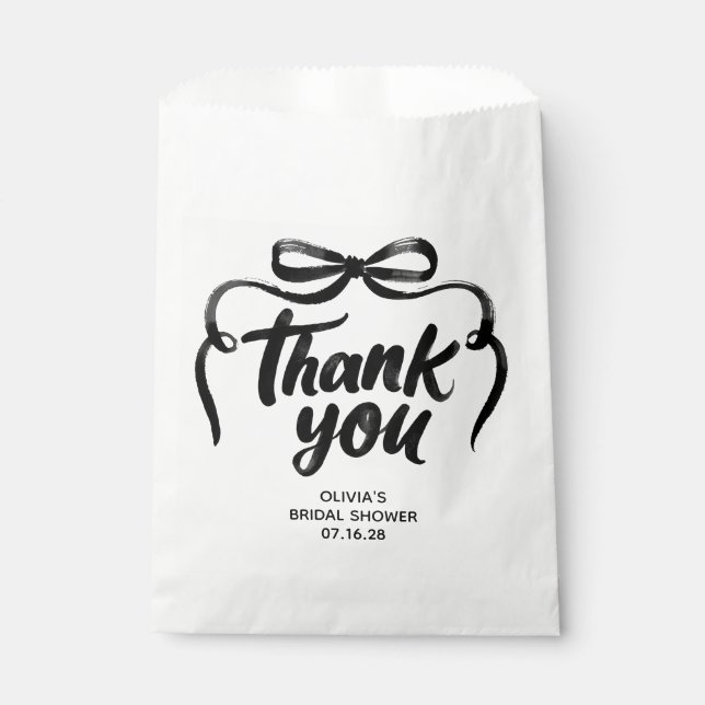 Sacolinha Whimsical Black Bow Handwritten Bridal Thank You (Frente)