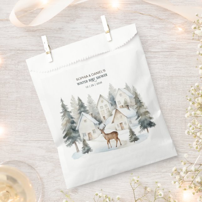 Sacolinha Winter Deer in Village Watercolor Baby Shower (Cortado)
