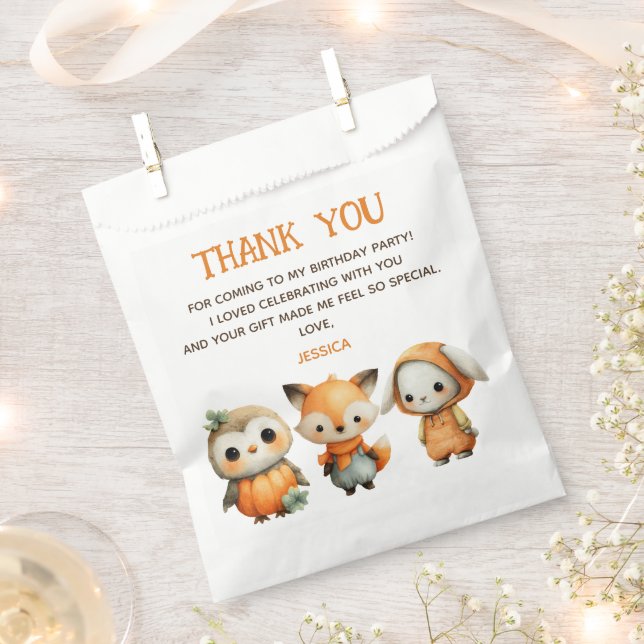 Sacolinha Woodland Animals Fall Kids' Birthday Thank You (Cortado)