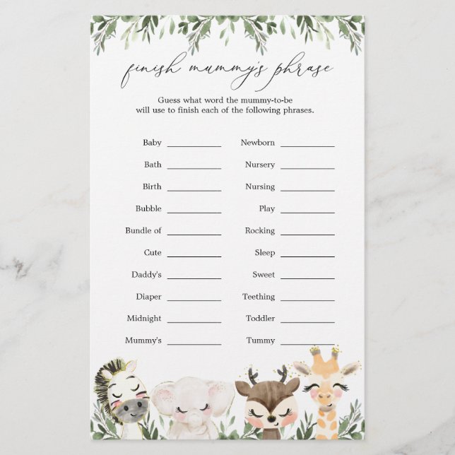 Safari Animais Chás de fraldas Acabam com a frase  (Frente)