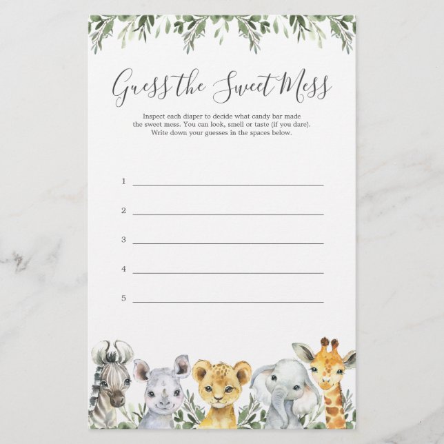 Safari Animal Chá de fraldas Adivinha A Doce Mess (Frente)