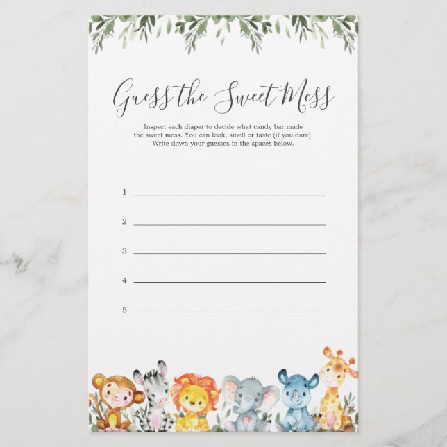Safari Animal Chá de fraldas Adivinha A Doce Mess (Frente)
