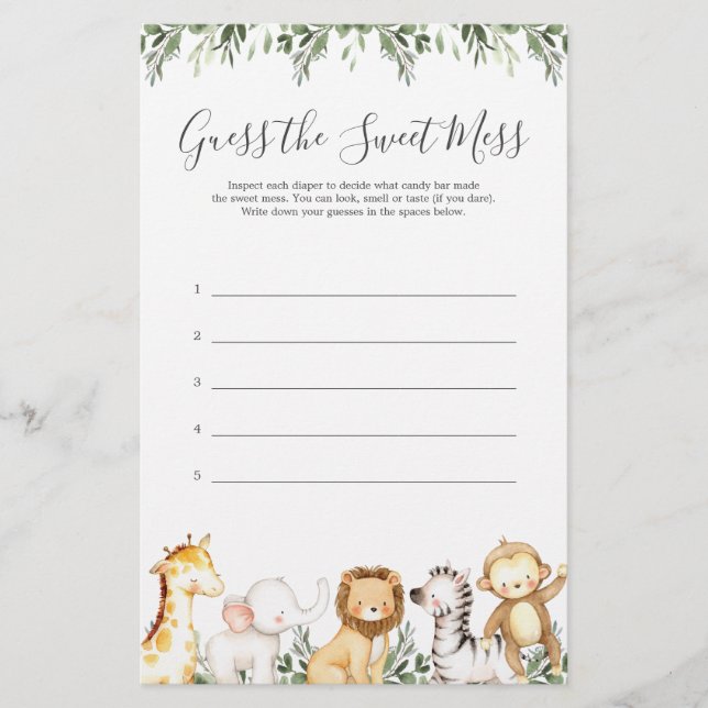 Safari Animal Chá de fraldas Adivinha A Doce Mess (Frente)