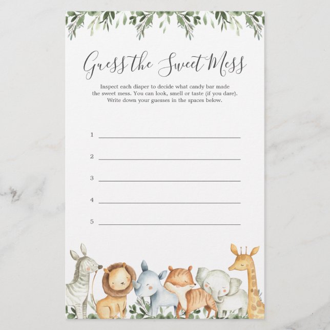 Safari Animal Chá de fraldas Adivinha A Doce Mess (Frente)