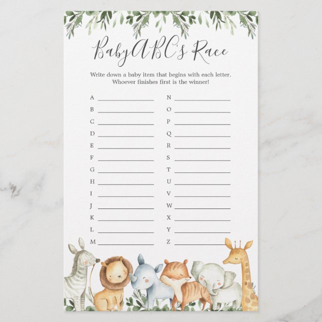 Safari Animal Chá de fraldas Jogo Race do ABC (Frente)