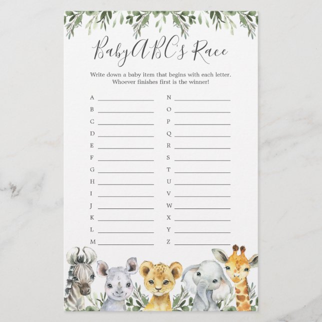 Safari Animal Chá de fraldas Jogo Race do ABC (Frente)