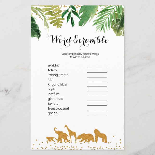 Safari animal Watercolor Word Scramble Game, (Frente)