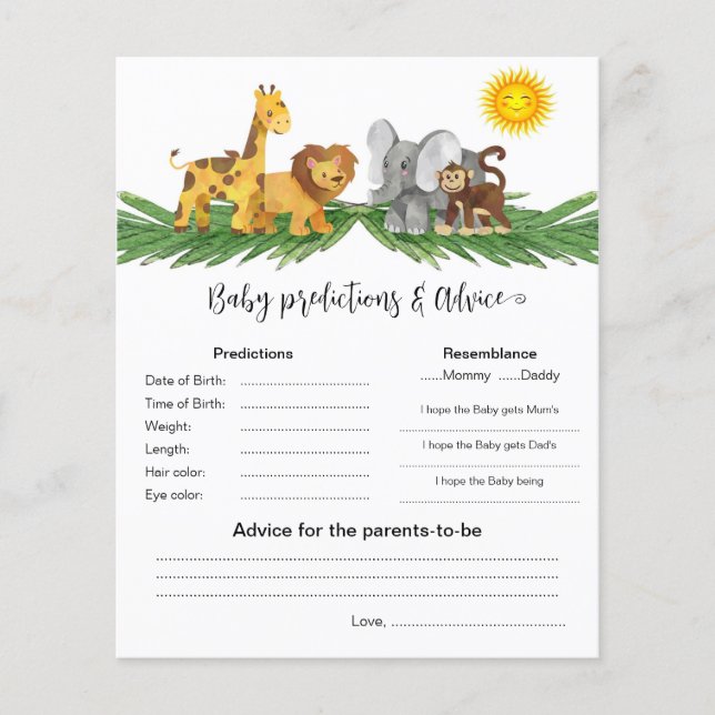 Safari Animals Baby Predictions Best Shower Game (Frente)