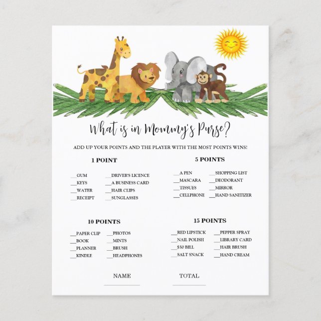 Safari Animals Mummy's Purse Baby Shower Game (Frente)