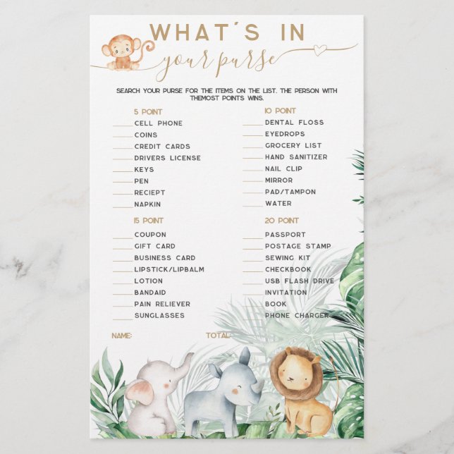 Safari Baby Animal O que há no seu jogo de bolsa (Frente)