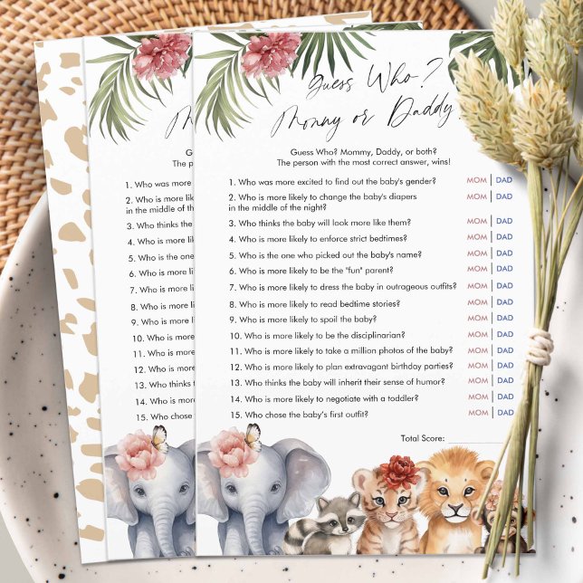 Safari Baby Girl Chá adivinha quem mamãe ou pai (Safari Animals, baby Girl Shower game, Guess Who, Mommy or Daddy?)