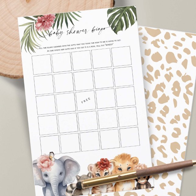 Safari Cute Animal Bebê Chá Bingo (Baby Girl Shower BINGO game, Wild One Safari Animals Themed Baby Shower.)