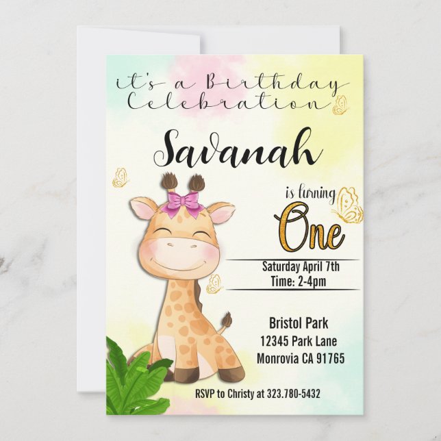 Safari Giraffe Primeiro Convite de Aniversário (Frente)