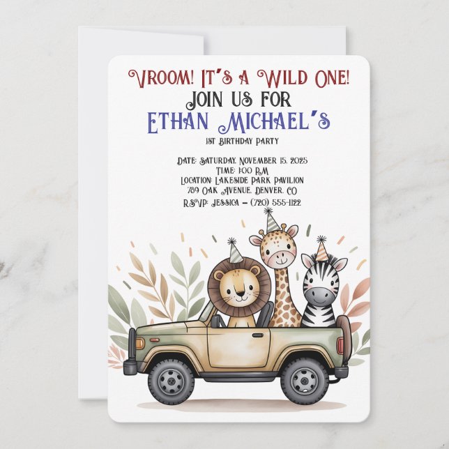 Safari Jeep Wild Um Primeiro Convite De Aniversári (Frente)