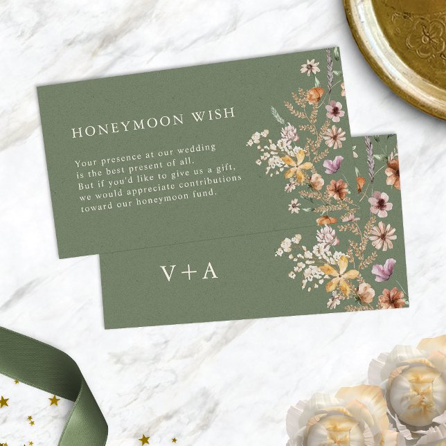 Sage Boho Honeymoon Cartão de Visita (Sage Green Boho Honeymoon Wish Enclosure Card Monogram on back by Painted Paperie
)