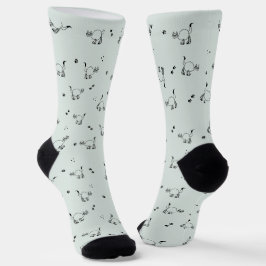 Sage Gray Green Cat Line Art Pattern Socks