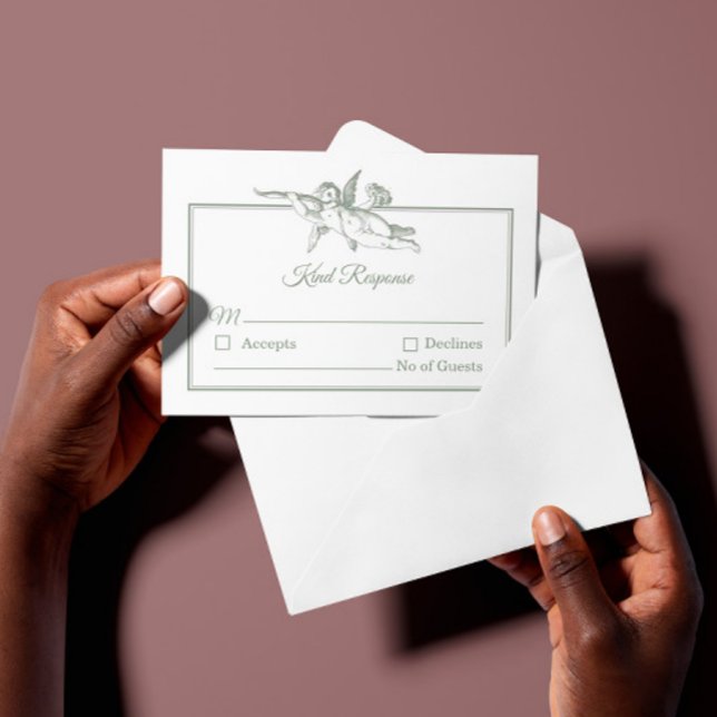 Sage Gray Toile de Jouy Cherub Wedding RSVP Card (Criador carregado)