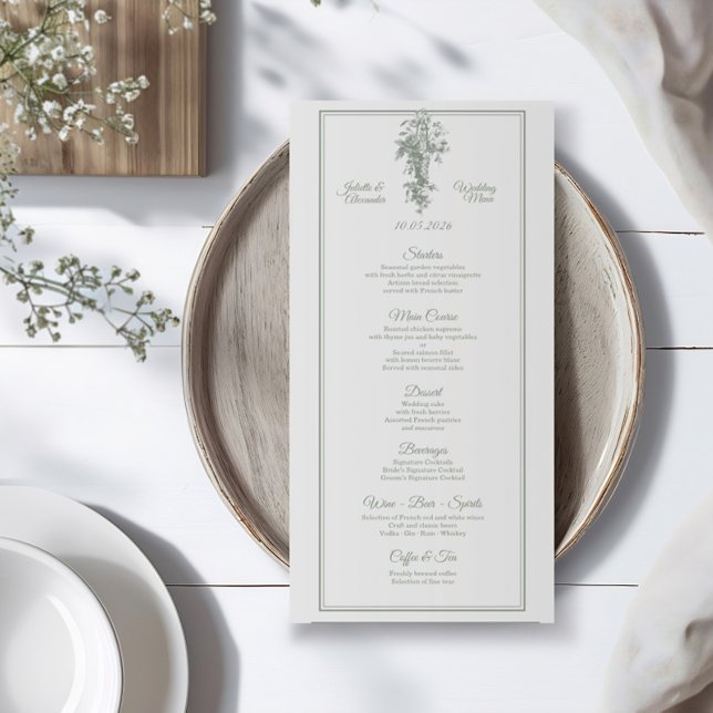 Sage Gray Toile de Jouy Wedding Menu Card (Criador carregado)