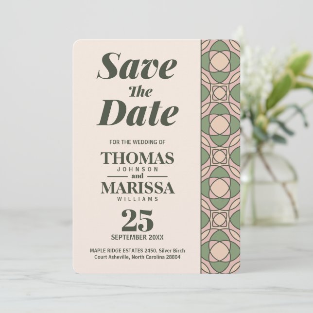 Sage Green Art Deco Wedding Save the Date Card (Em pé/Frente)