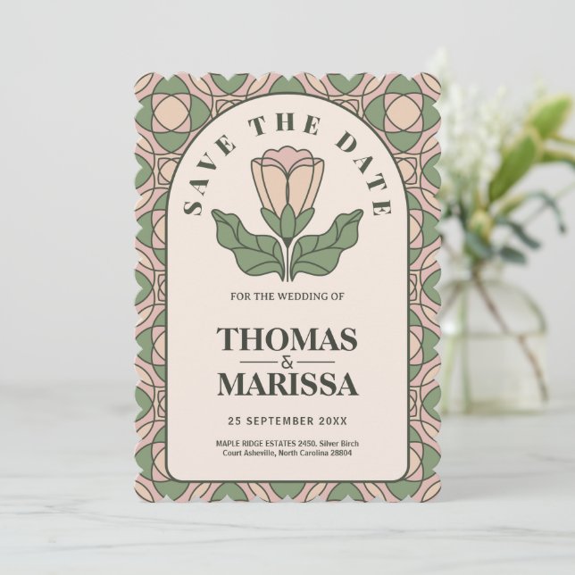 Sage Green Art Nouveau QR Code Save the Date (Em pé/Frente)