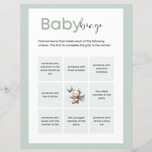 Sage Green Bear Baby Bingo (Frente)