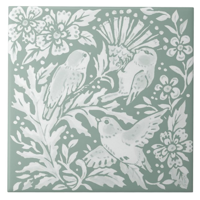 Sage Green Birds Thiste Nature Scende Azulejo cerâ (Frente)