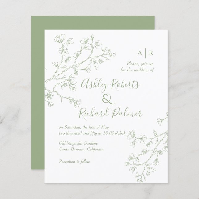 Sage green blossomes QR code convite para casament (Frente/Verso)