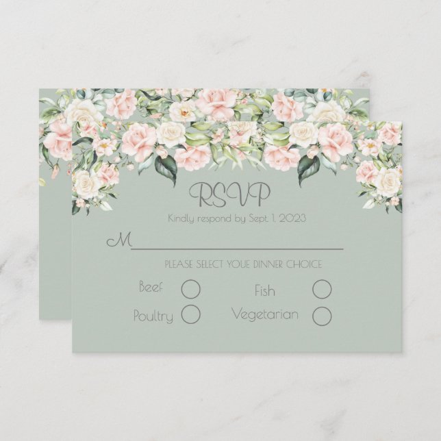 Sage Green Blush Floral Elegant Weddim RSVP (Frente/Verso)